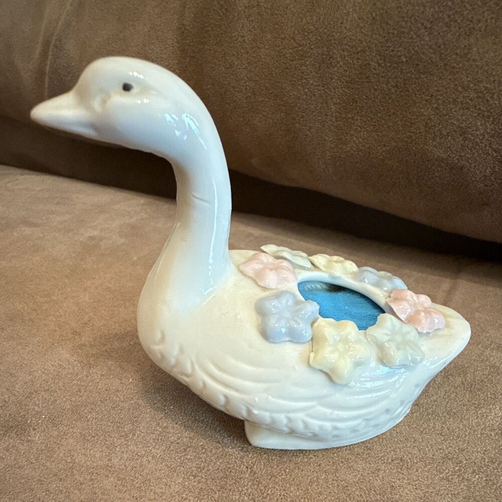 Vintage Porcelain Goose Pin Cushion with Floral Decoration